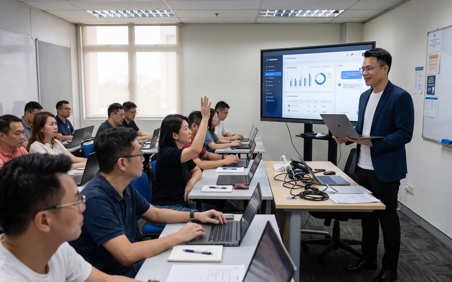 导师在前方示范,学员带电脑观看与提问的教学情景配图