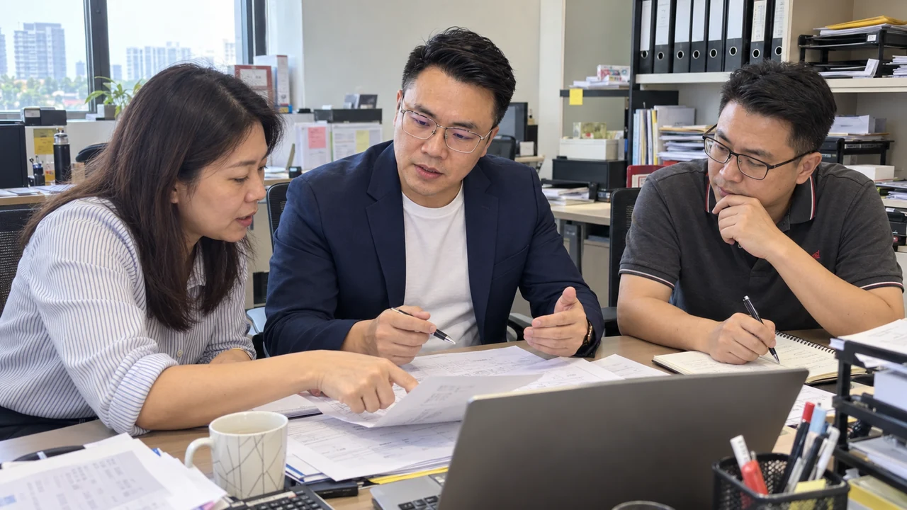 穿深蓝色西装外套的顾问与同事在办公室讨论单据和工作流程(AI 情境示意)