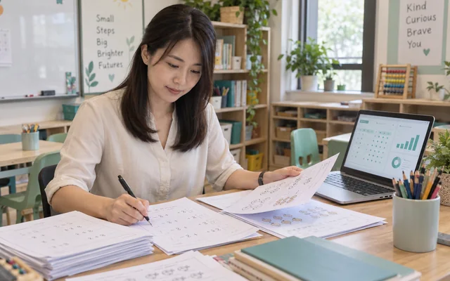 教育中心教师准备教材并查看学生管理资料（AI 场景示意）