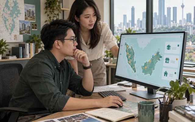 研究人员查看马来西亚门店、房产与学校地图（AI 场景示意）