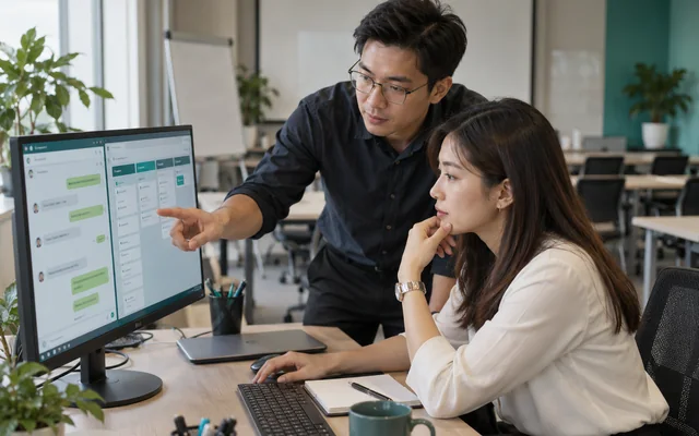 培训顾问核对客户对话与 CRM 跟进机会（AI 场景示意）